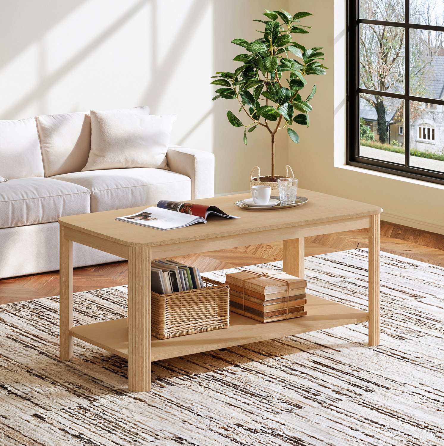 FloraGrace Salontafel - Dubbele Open Opbergruimte - Voor Woonkamer En Decoratie - Spaanplaat - 100 X 50 X 45 Cm - Naturel