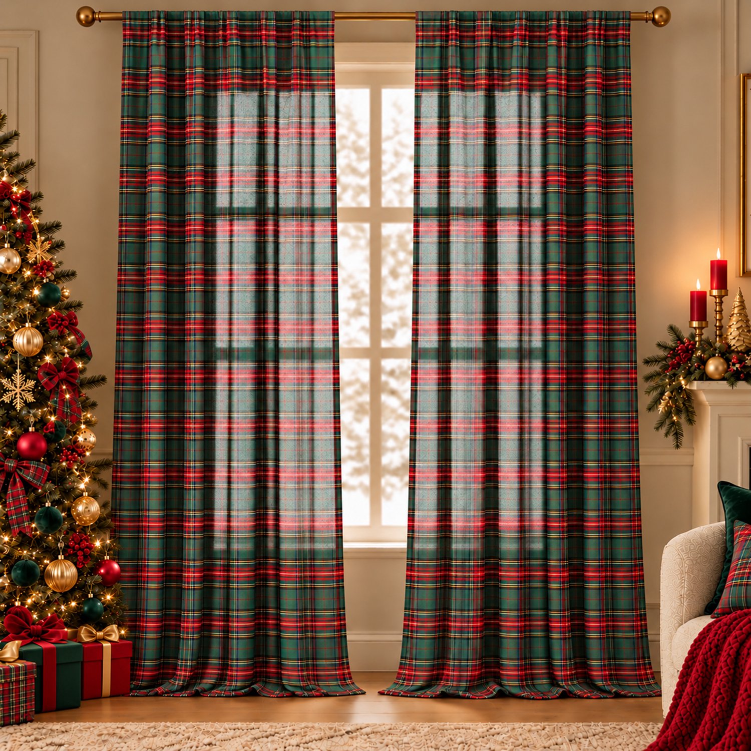 Qelus 2 Stuks Kerstgordijnen - Lichtdoorlatende Vitrage met Schots Ruitpatroon - Met Tunnelzoom en Verborgen Lussen - Kant-en-klare Raamdecoratie voor Woonkamer, Slaapkamer en Eetkamer - Groen - 132 x 214 cm