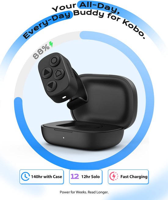 Stouchi Paginadraaier voor Kobo eReaders – Bluetooth 5.4 Afstandsbediening – Clipvrij Ringmodel met 4 Knoppen – Oplaadcase – 12+ Uur, 140+ Uur Totaal – Voor Clara BW/Colour, Libra Colour/2, Clara 2E, Sage & Elipsa 2E – Zwart — afbeelding 4