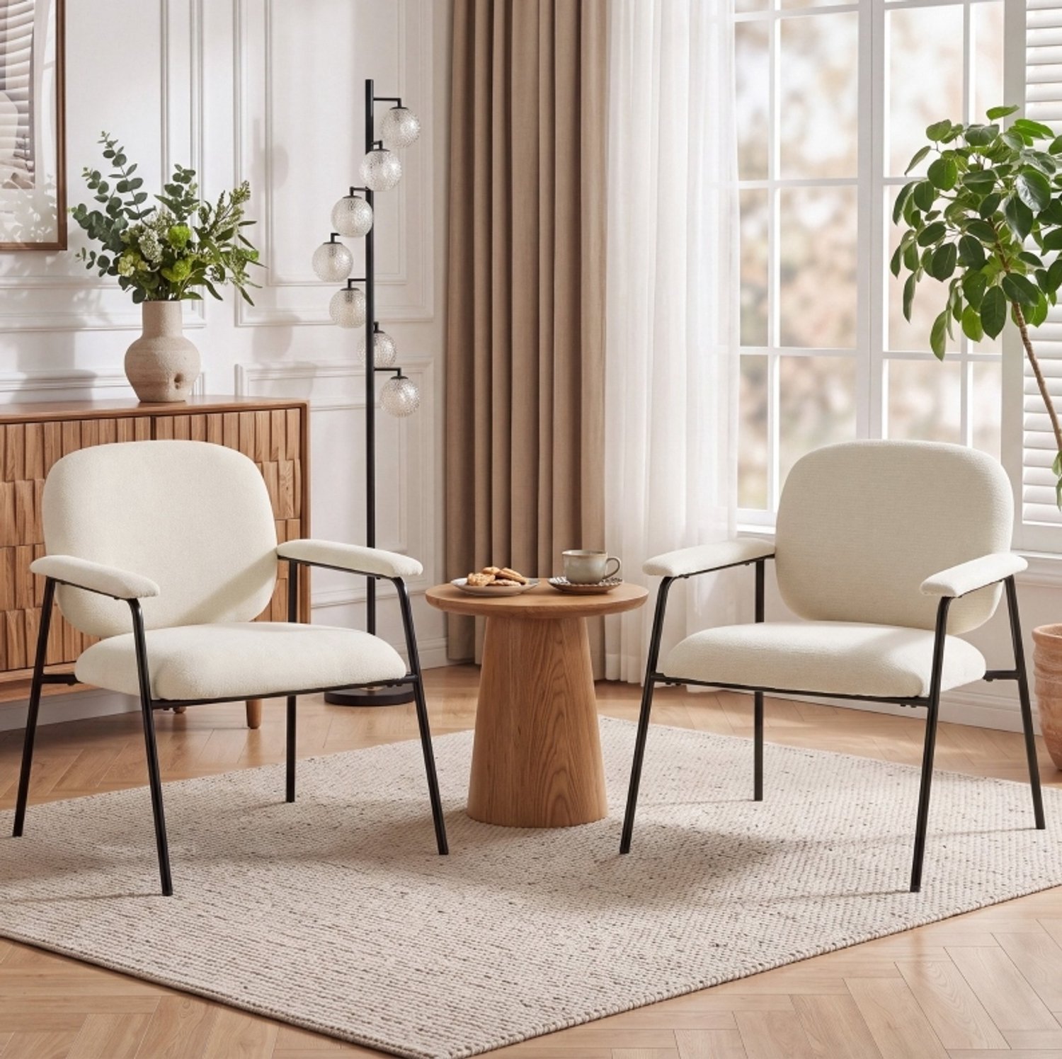 MIVRAY Fauteuil Set Van 2 64 Cm - Zachte Chenille Met Gewatteerde Armleuningen - Voor Woonkamer, Slaapkamer En Kantoor - Metaal Crème