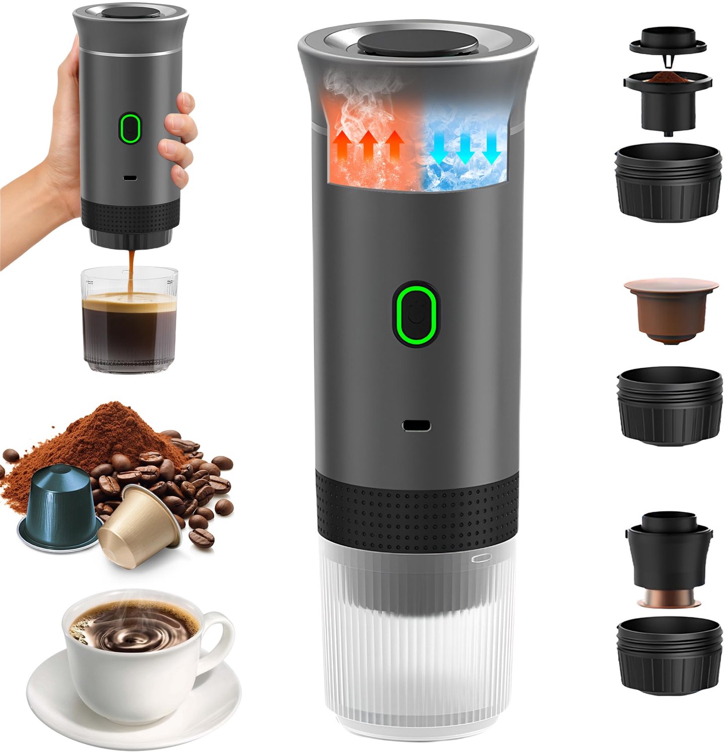 Draagbare Koffiemaker 3-in-1 voor Koffiecapsules en Gemalen Koffie