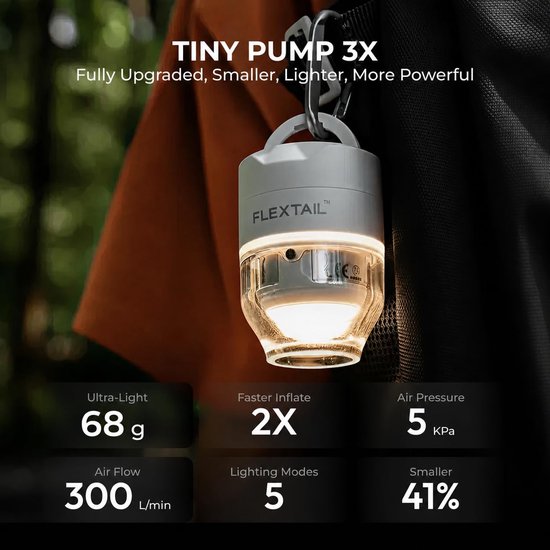 Tiny Pump 3X, Draagbare Luchtpomp met 5 Lichtstanden Kampeerlantaarn, 5 kPa, Geavanceerd Geluidsarm Ontwerp Elektrische Luchtmatraspomp voor Slaapmatten, vacuümopbergzakken, Luchtbedden — afbeelding 2