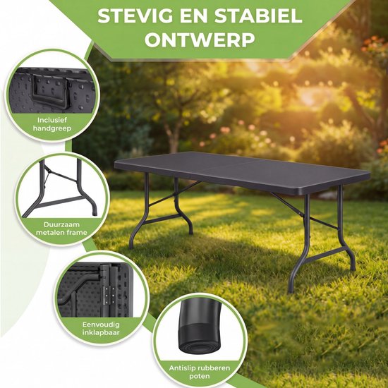 Outbee Inklapbare tafel - Campingtafel - Klaptafel - Vouwtafel - Opvouwbare tafel - Weerbestendig - 180x70x74 cm - Zwart — afbeelding 2
