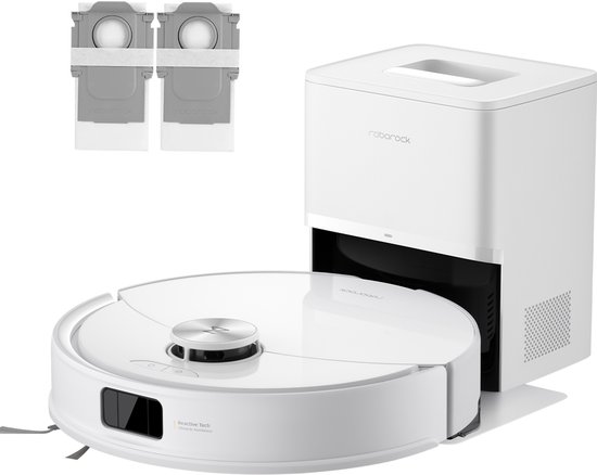 Witte Roborock robotstofzuiger met laad- en leegstation en twee reserve stofzakken.