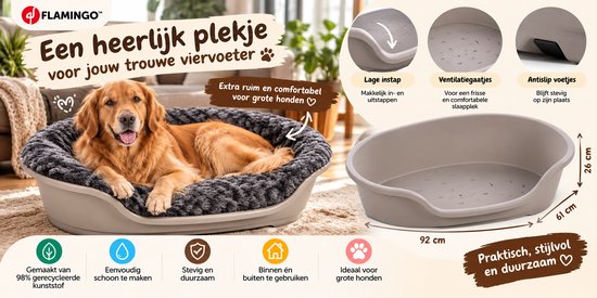 Gouden retriever in een grijze Flamingo hondenmand. Inclusief info over ventilatie, antislip en gerecycled kunststof.