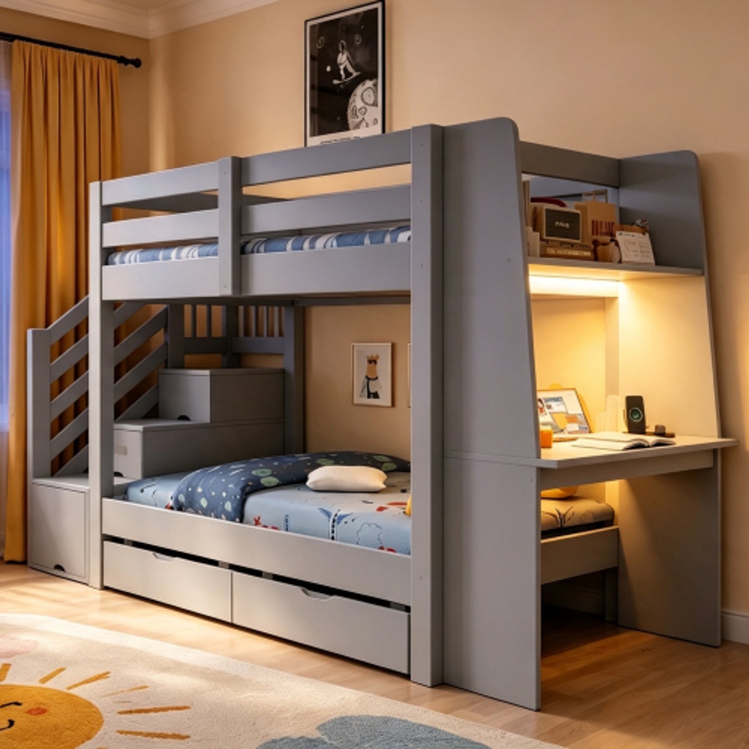 OOIILLEE Kinderetagenbett, 90 x 200 cm, houten frame met ladder, geïntegreerd bureau, LED-lichtstrip, stopcontact en laden. Geschikt voor jongeren en volwassenen. Grijs.