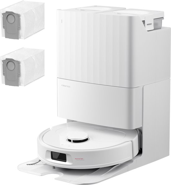 Witte Roborock robotstofzuiger met multifunctioneel dockingstation, twee stofzakken en Reactive Tech Obstakelvermijding.