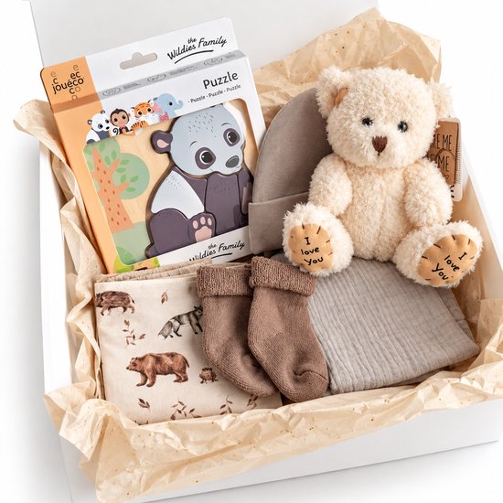 Kraamcadeau pakket - unisex - bruin - beertje - bosdieren - Babyshower cadeau - Kraammand - Babycadeau - puzzel — afbeelding 3