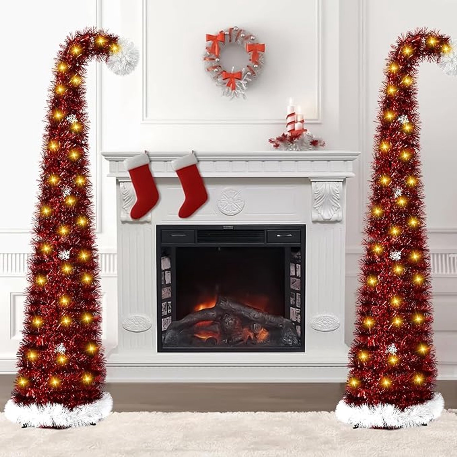 MSBHandel Opvouwbare Kunstkerstboom 150 cm met Verlichting - Pop-up Smalle Kerstboom met 50 LED's en Sterpunt PVC Lametta Potloodkerstboom Kerstdecoratie voor Thuis en Kantoor Rood – foto 4