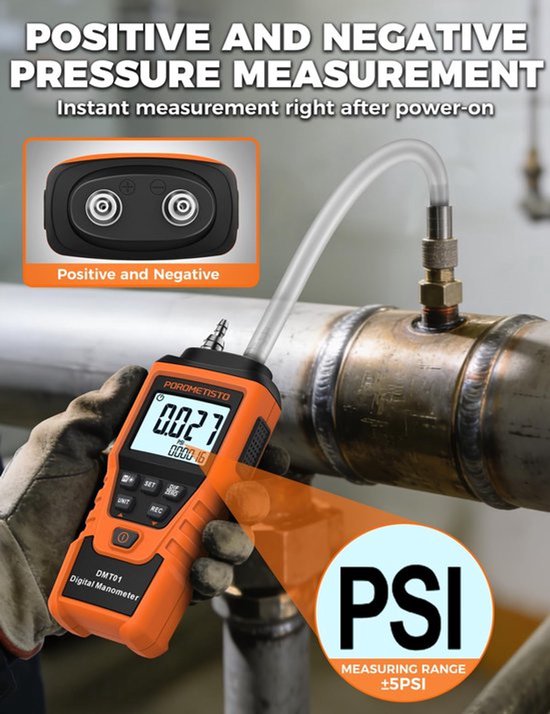 Digitale Manometer, Handmatige Kalibratie, Aangepaste Nulstelling, Realtime Meting, Max/Min/Gemiddelde Registratie, HVAC Manometer, 12-eenheden Gasdrukmeter, Differentiële Drukmeter — afbeelding 5