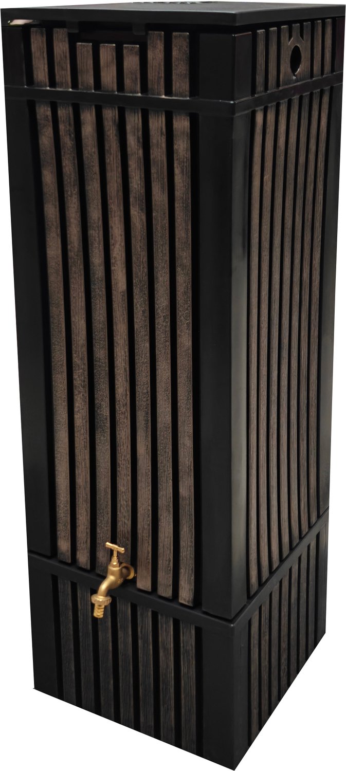 HomeSaver Prestige regenton 180 Liter – Zwart met bruine panelen. Inclusief bijpassende voet en messing kraan