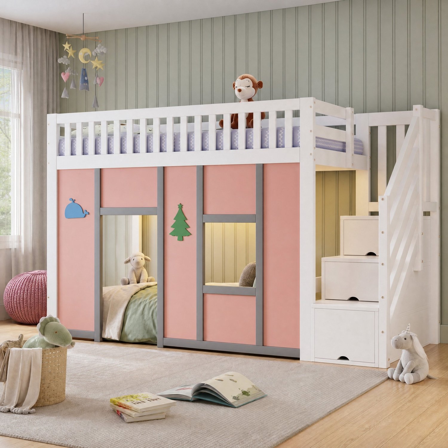 WUVRIE Halfhoogslaper 90x200 cm - Opbergtrap, speelruimte en LED-verlichting - Wit/roze