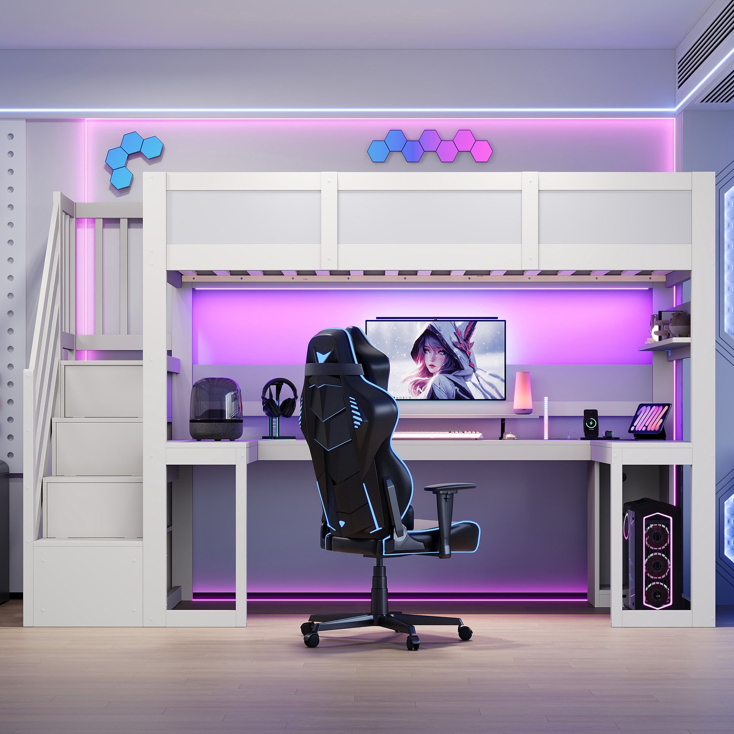 WUVRIE Hoogslaper 90x200 cm - Bureau, opbergtrap, LED en USB - Wit
