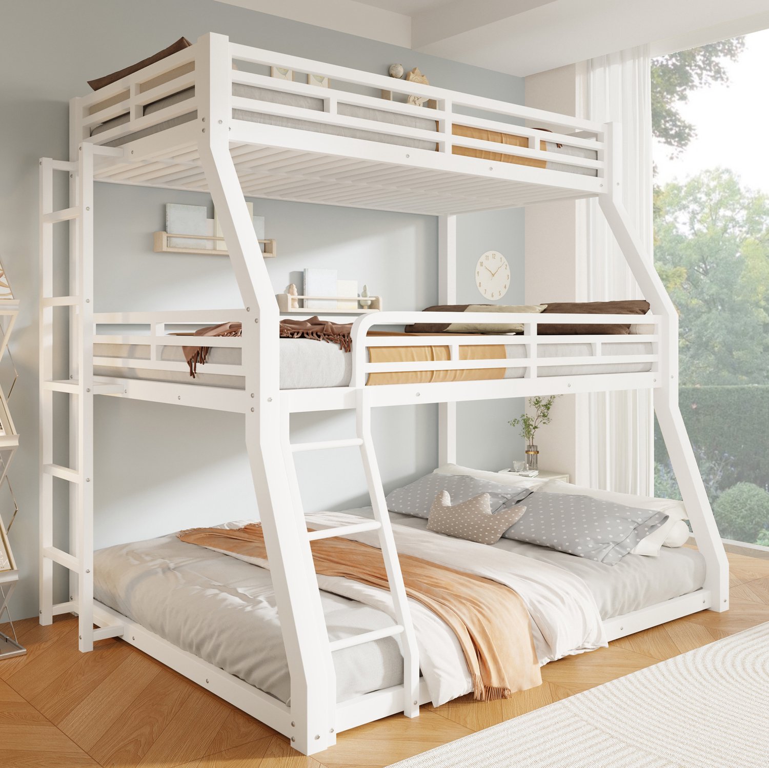 WUVRIE 3-laags stapelbed 140x200 cm - Metalen frame, ladders en veiligheidshekken - Wit