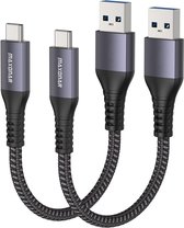 Maxonar 2x USB C naar USB A Kabel 20cm - 10Gbps USB 3.2 Gen 2 Korte Kabel - Snellaadkabel 3.1A QC 3.0 Nylon Gevlochten voor Android Auto, Samsung Galaxy S26 S25 S24, iPhone 18 17 16 Pro Max, Google Pixel 10 9 8, SSD, Powerbank - Grijs