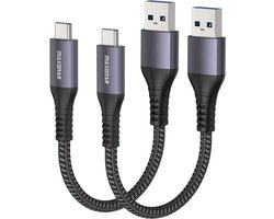 Maxonar 2x USB C naar USB A Kabel 20cm - 10Gbps USB 3.2 Gen 2 Korte Kabel - Snellaadkabel 3.1A QC 3.0 Nylon Gevlochten voor Android Auto, Samsung Galaxy S26 S25 S24, iPhone 18 17 16 Pro Max, Google Pixel 10 9 8, SSD, Powerbank - Grijs