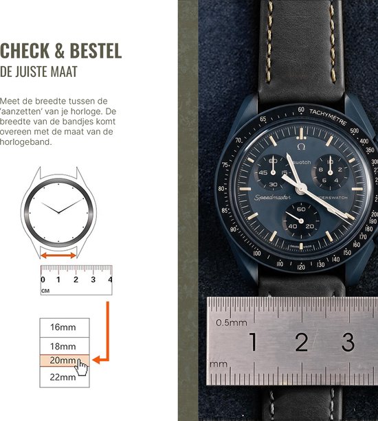 Mesurez la largeur des 'cornes' de votre montre. La largeur des bracelets correspond à la taille du bracelet de montre. Bracelet de montre noir, largeur mesurée avec une règle.