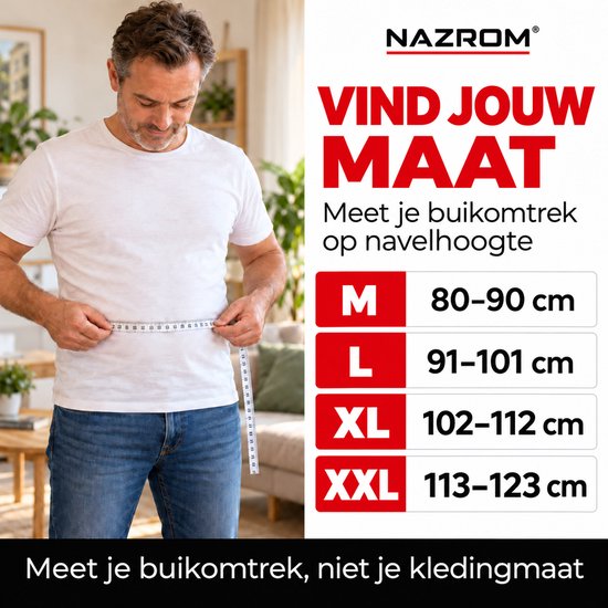 Man meet buikomtrek op navelhoogte voor de juiste maat NAZROM rugbrace.