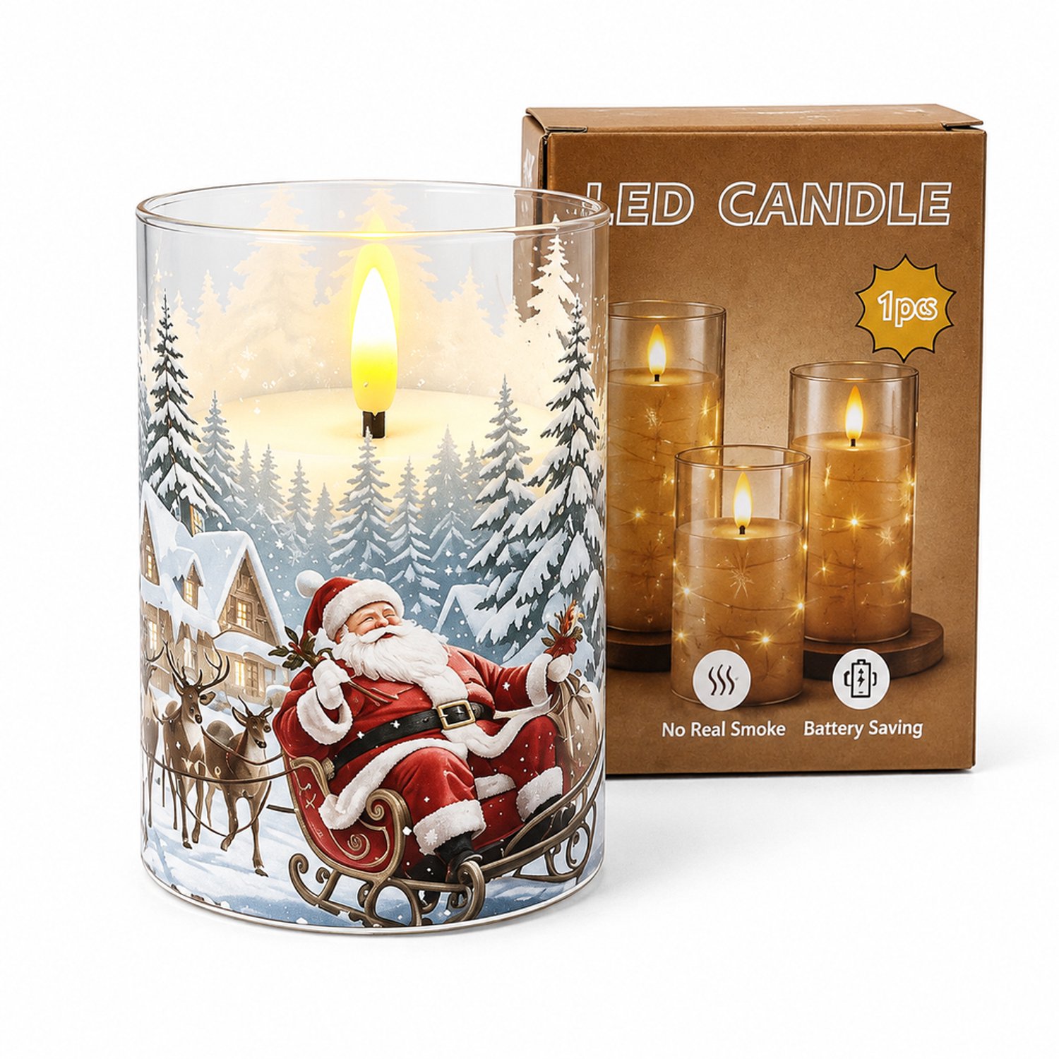 SWGOTA led kaarsen - 1 stuk met kerstman en sneeuwlandschap, 7,5 x 10 cm, warm licht, op batterijen, in kartonnen doos, batterijen niet inbegrepen Bruin