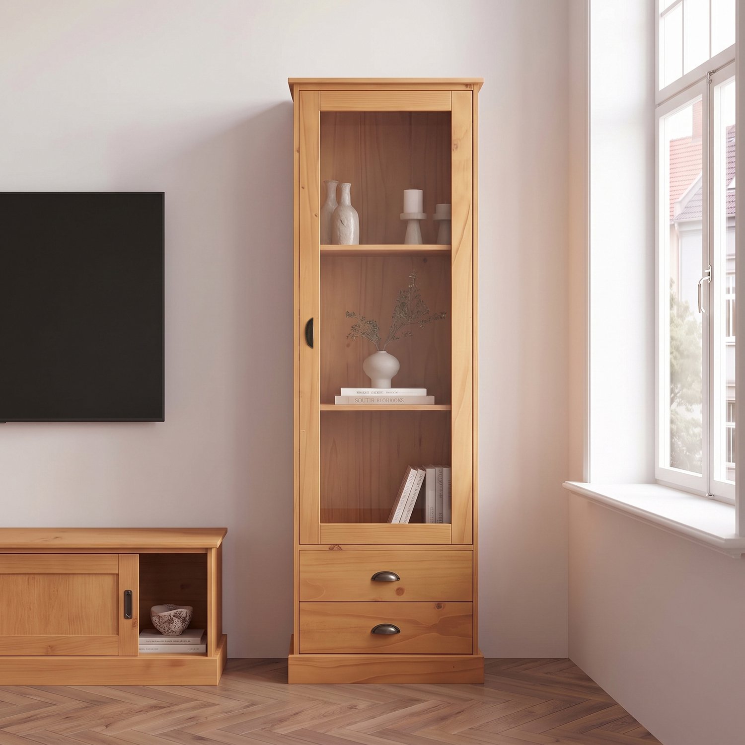 Notio Living Harry Vitrinekast met Schuifdeur, Glaspaneel en 2 Lades - Massief Grenenhout - 55 cm - Grenen Natuur