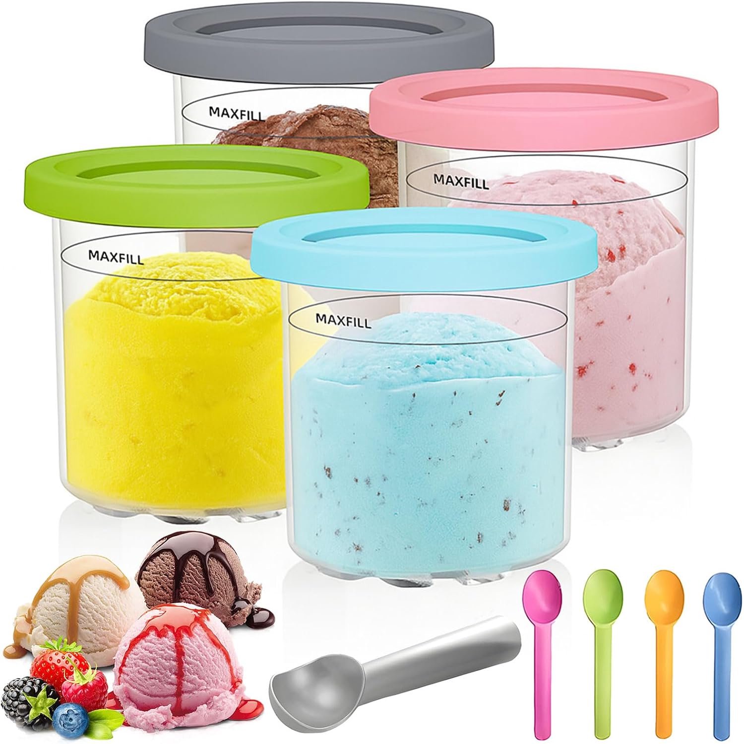 Set van 4 bekers bakjes - geschikt voor Ninja Creami-ijsmachine - accessoires geschikt voor de NC301-, NC300- en NC299AMZ-serie – BPA-vrij & vaatwasserbestendig
