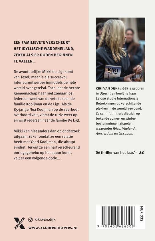 Achterkant van de thriller Texel met samenvatting, auteur Kiki van Dijk, portretfoto en barcode.