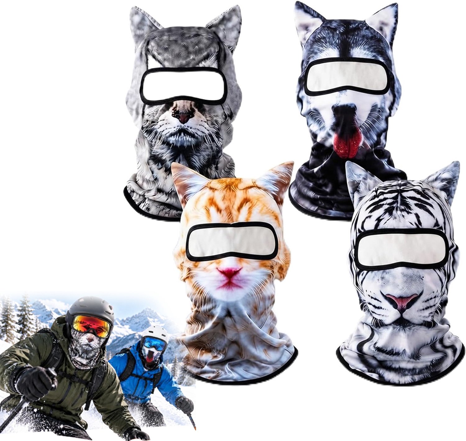4 Stuks dik 3D Kat Ski Balaclava met Oren & Thermische Fleece Voering Winddichte Bivakmuts met Vierweg Stretch Unisex voor Mannen & Vrouwen Snel Droogend & Zonbeschermend Voor Skiën Snowboarden Halloween & Fietsen Cyslmuk® Dier