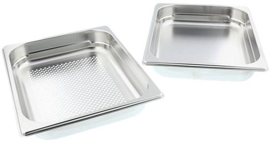 Set van twee roestvrijstalen schalen, één geperforeerd voor stomen en één dichte schaal.
