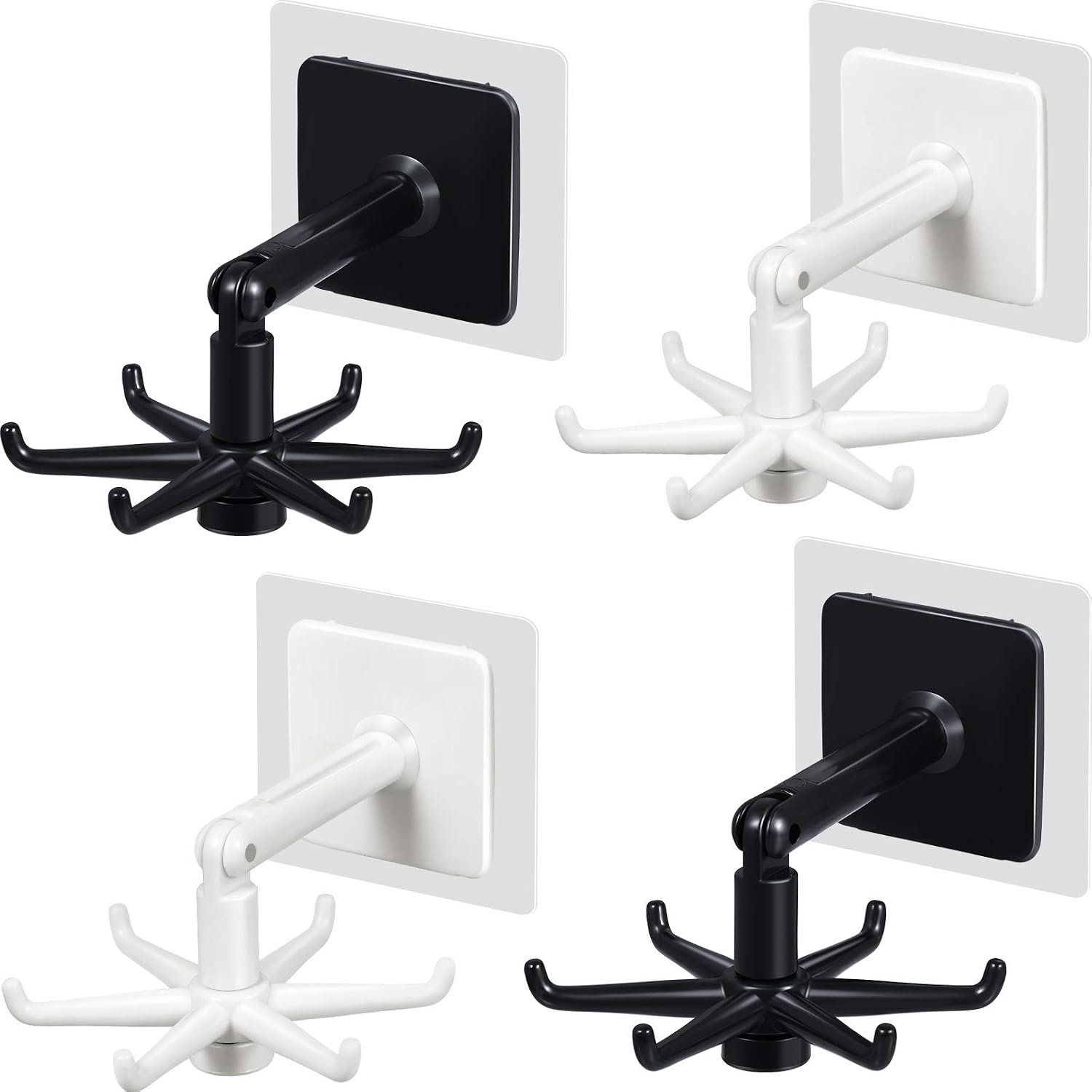 4 stuks 360° draaibare en inklapbare zelfklevende haken (totaal 6 haken), zwart/wit