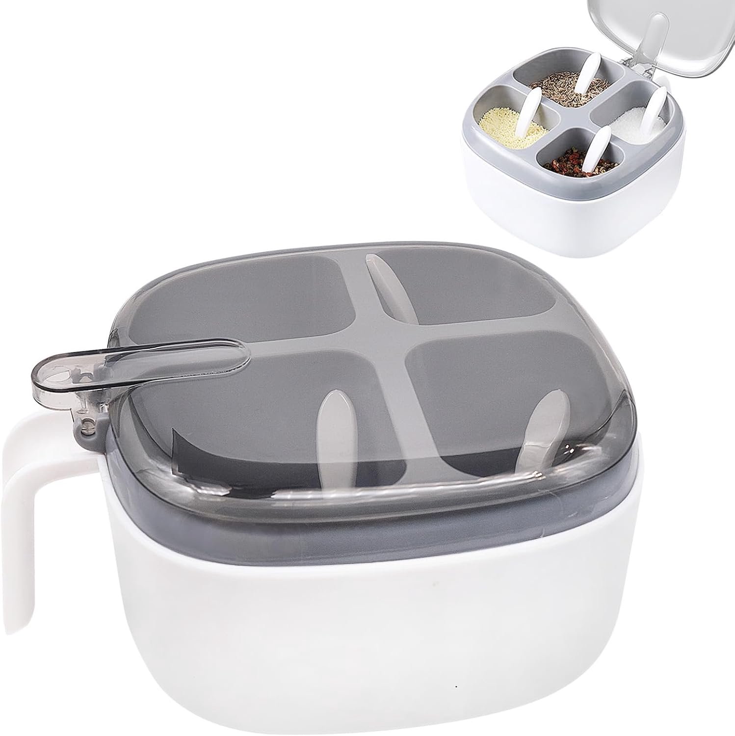 Kruidendoos met deksel en lepel, kruidenpotjes met 4 vakken en handvat, voorraadpotten voor in de keuken voor suiker, zout en peper