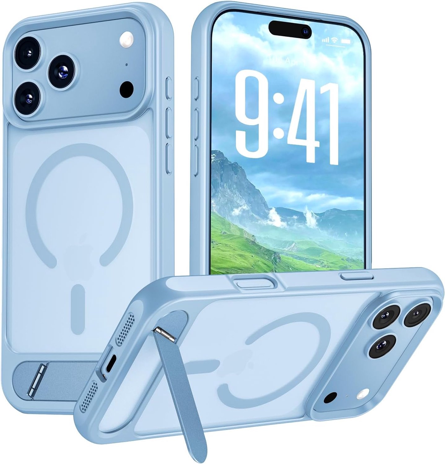 Zandarix Hoesje Geschikt voor Apple iPhone 18 Pro Max - Back Cover Hoesje - Titanium Kickstand - Geschikt voor Mag - Schokbestendig - Doorschijnend - Lichtblauw