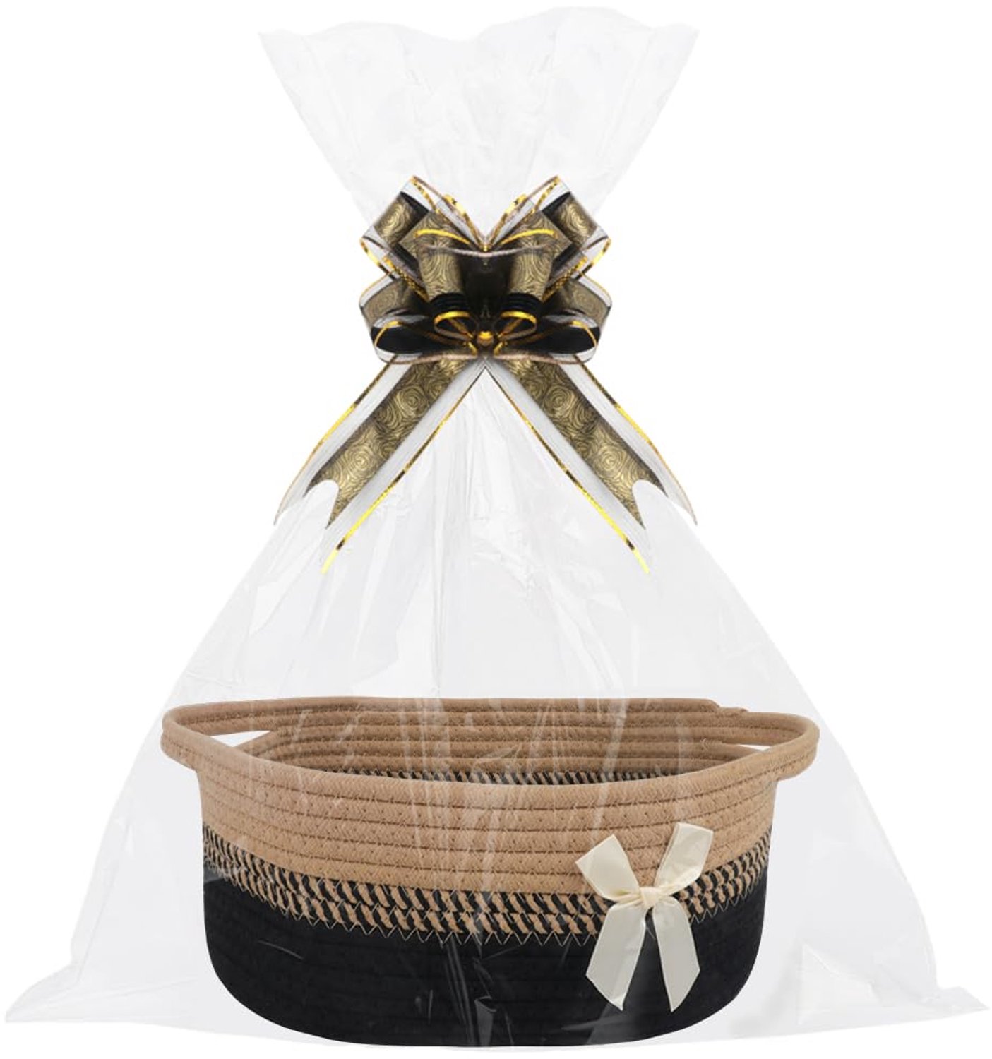 Lege Gevlochten Geschenkmand met 2 Transparante Zakjes en Strikken (Bruin/Zwart)