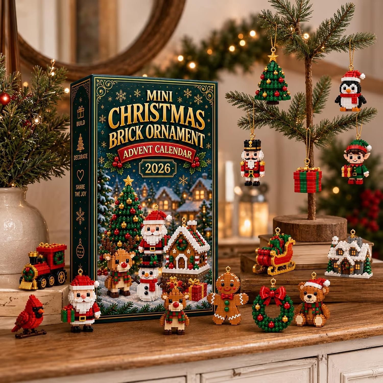 Adventskalender 2026 - Kerstkalender - 24 Dagen Bouwsteen Ornamenten - Bouwblokken - Kinderspeelgoed - Met Ophanglus - Mini-steentjes Voor Boom, Slinger Of Mantel - Geschikt voor Kerstfeest en Interieur Decoratie – foto 5