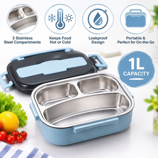 Thermische Lunchbox - 1 L - 23×17cm - Met 3 RVS Vakken - Geïsoleerde Voedselcontainer - Lekvrije Bento Box - Voor Kantoor,School en Onderweg - Blauw — cadeau in Koken & Dineren - foto 6