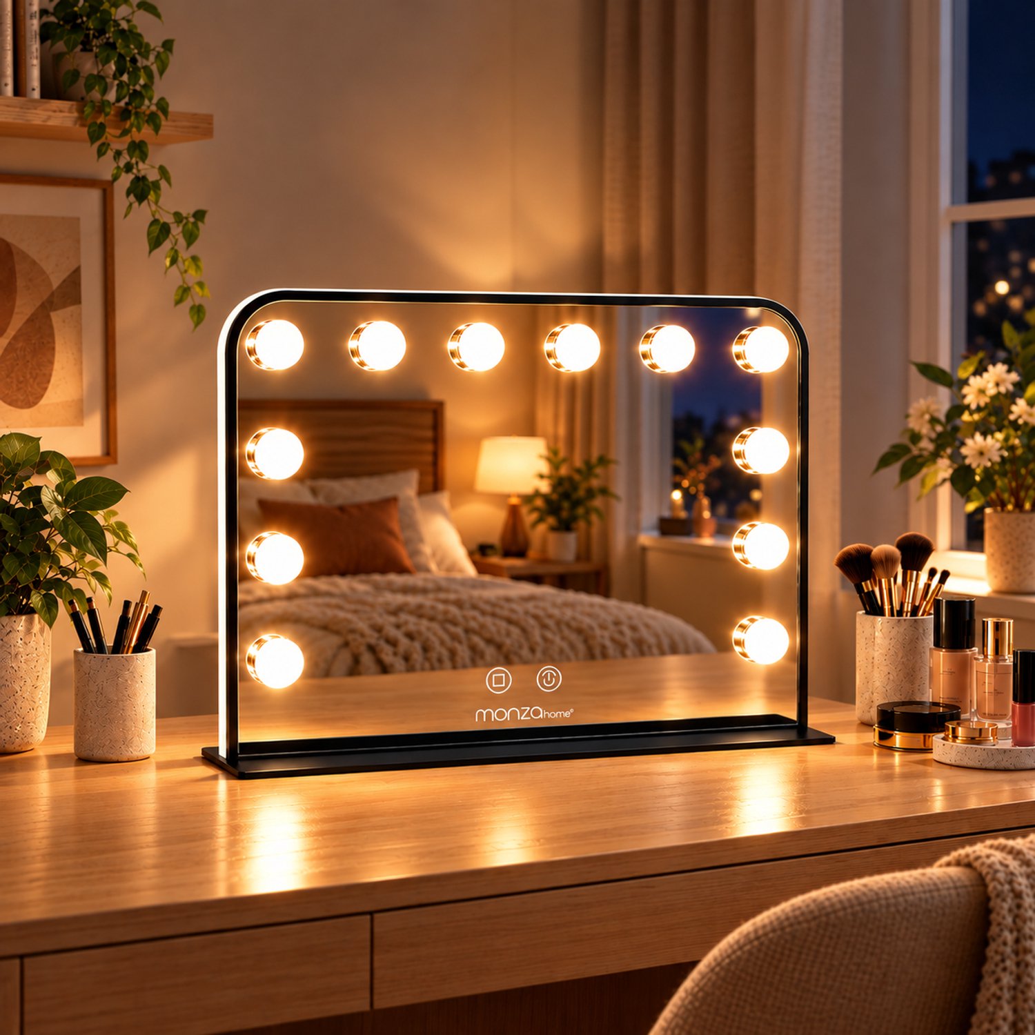 Make Up Spiegel met Verlichting – Hollywood Spiegel 50,5 x 36 cm – 12 Dimbare LED-Lampen én LED-Strip Sfeerverlichting – 3 Lichtkleuren – Dimbaar met Touch – Kaptafelspiegel op Voet – Mat Zwart – Monza Home