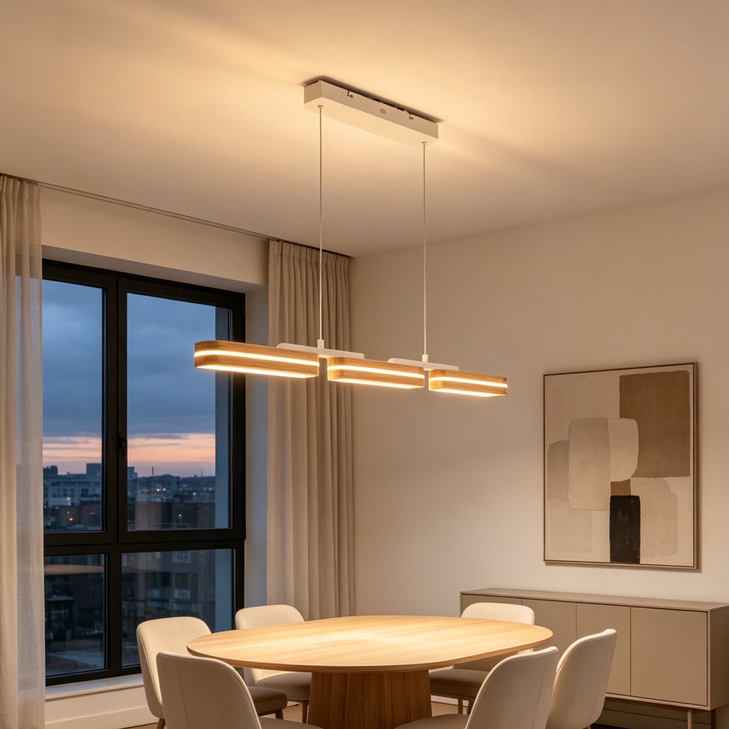 Epochglo Houten LED-Hanglamp met Afstandsbediening - 102 cm - 3 Lichtpunten - in Hoogte Verstelbaar tot 120 cm - 50 W 4250 lm - Dimbaar - 3000-6500 K - Nachtlampstand - Timer 30 min - voor Eettafel, Woonkamer en Slaapkamer