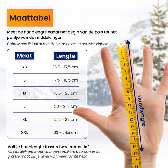 Maattabel voor handschoenen met instructies voor het meten van de handlengte vanaf de pols tot de middelvinger.