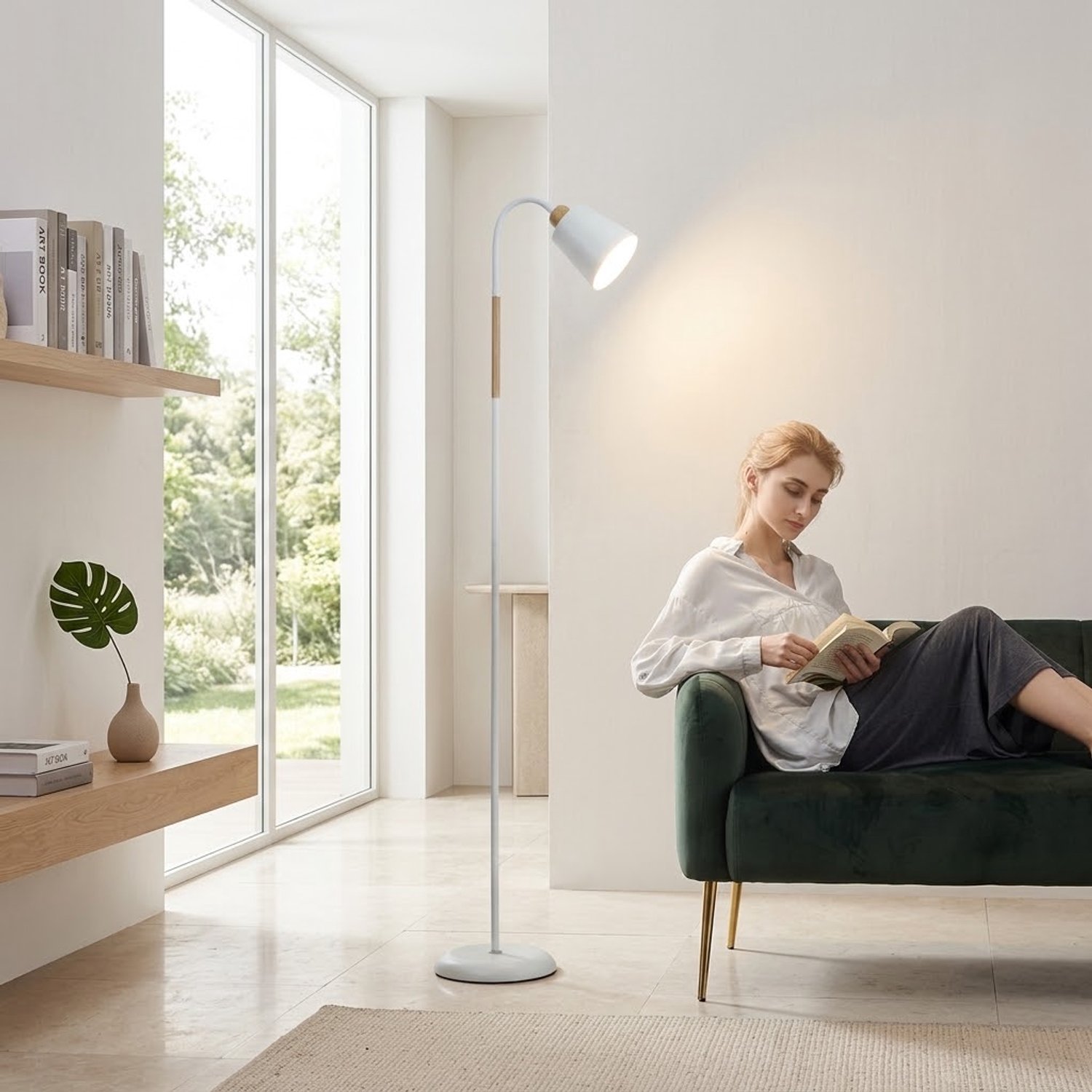 ANTENLICHT Retro Vloerlamp Wit - Metaal met Hout look - 360° Buigbare Hals - E27 Fitting (Max 60W) - Verstelbare Staande Leeslamp voor Woonkamer & Slaapkamer