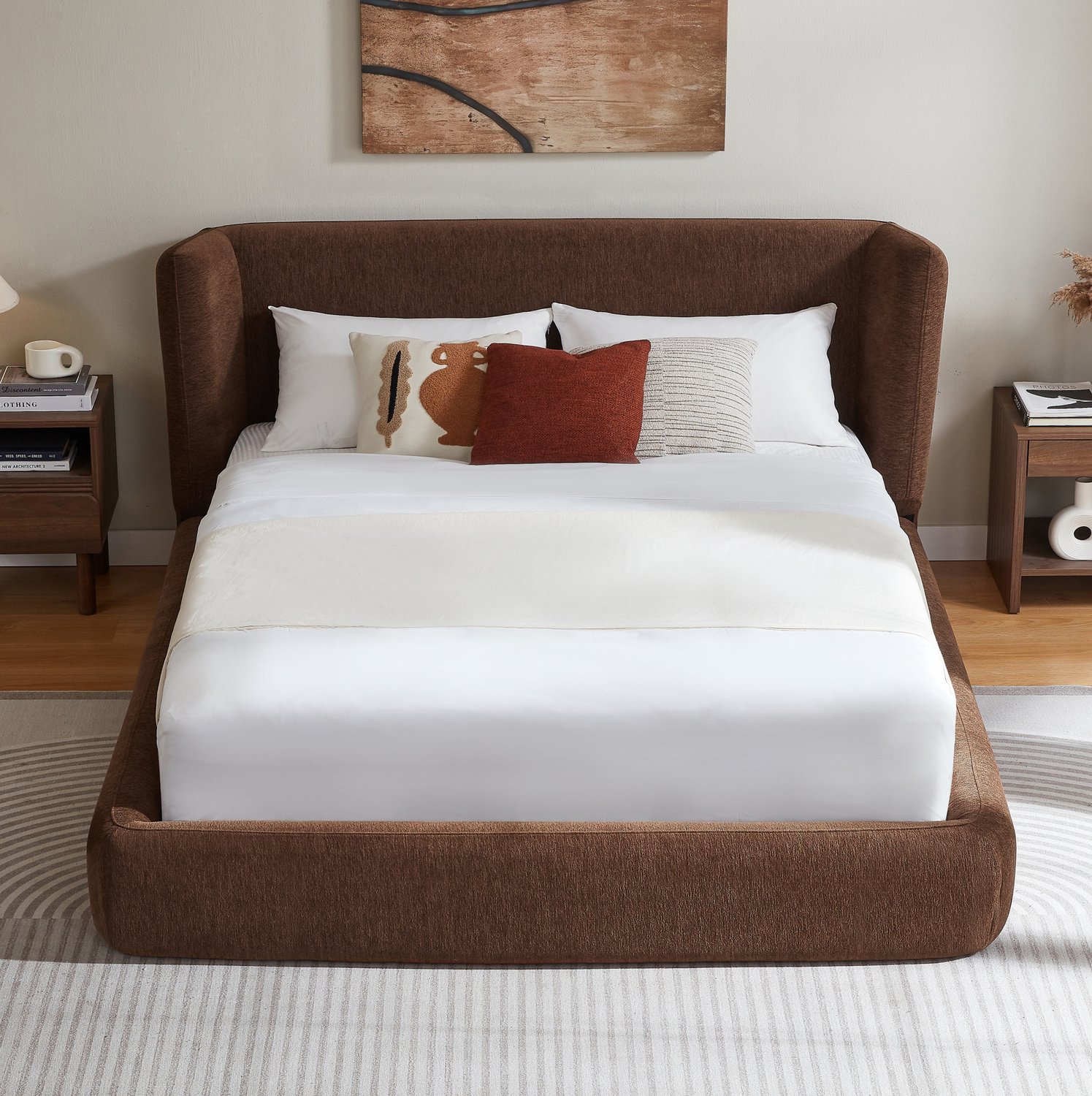 WUVRIE Gestoffeerd bedframe 160x200 cm - Versterkt stalen frame en gepolsterd hoofdbord - Bruin