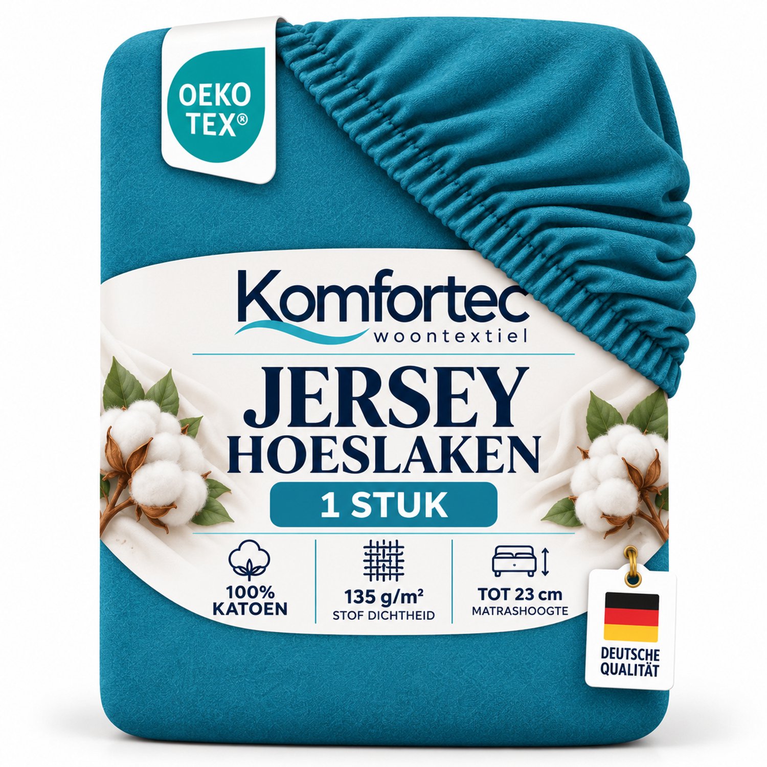 Komfortec Katoen Stretch Hoeslaken 90x200 cm – 100% Katoen – Geschikt voor Matrassen tot 23 cm – Rondom Elastiek – Zacht & Ademend – Turquoise