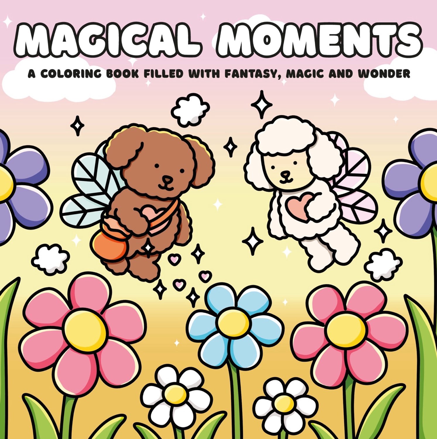 Kleurboek 'Magical Moments' met vliegende bruine en witte hondjes met vleugels tussen kleurrijke bloemen.