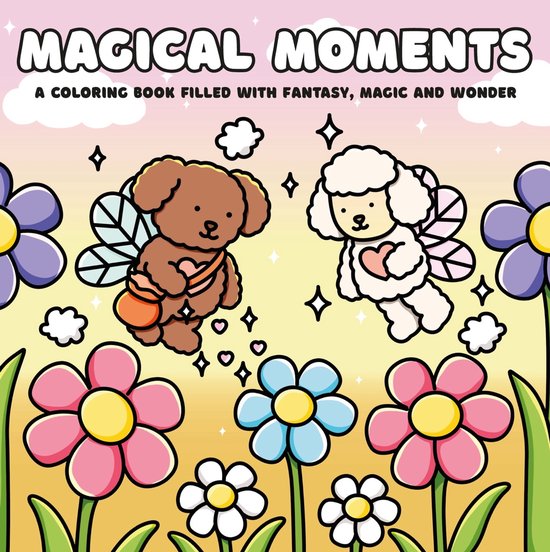 Kleurboek 'Magical Moments' met vliegende bruine en witte hondjes met vleugels tussen kleurrijke bloemen.