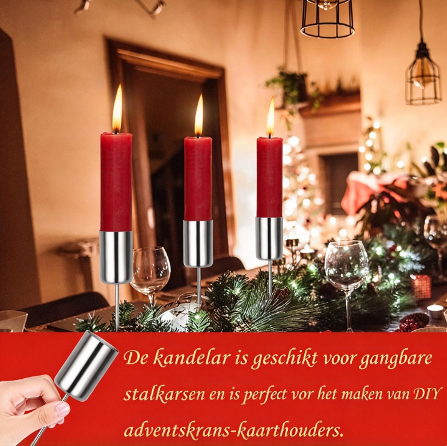 Set van 8 adventskranskaarsenhouders met een diameter van 2,5 cm, metalen taps toelopende kaarsenhouders met pin voor het zelf maken van een adventskrans. Kerstversiering,zilver – foto 6