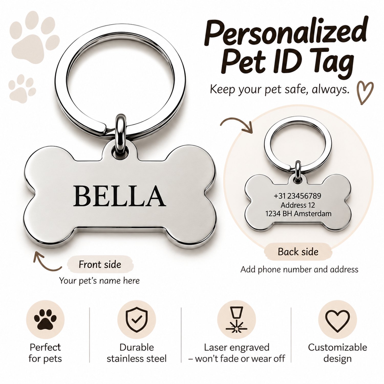 Engravia by Derya – Gepersonaliseerde Hondenpenning met Naam – Stainless Steel – Zilverkleurige Botvorm – Dubbelzijdige Lasergravure – ID Tag voor Hond en Kat