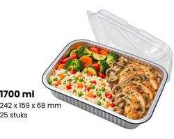 Premium zwarte aluminium bakjes 1700 ml met PET deksel – 25 stuks – 242 x 159 x 68 mm – Hoogwaardige voedselverpakking