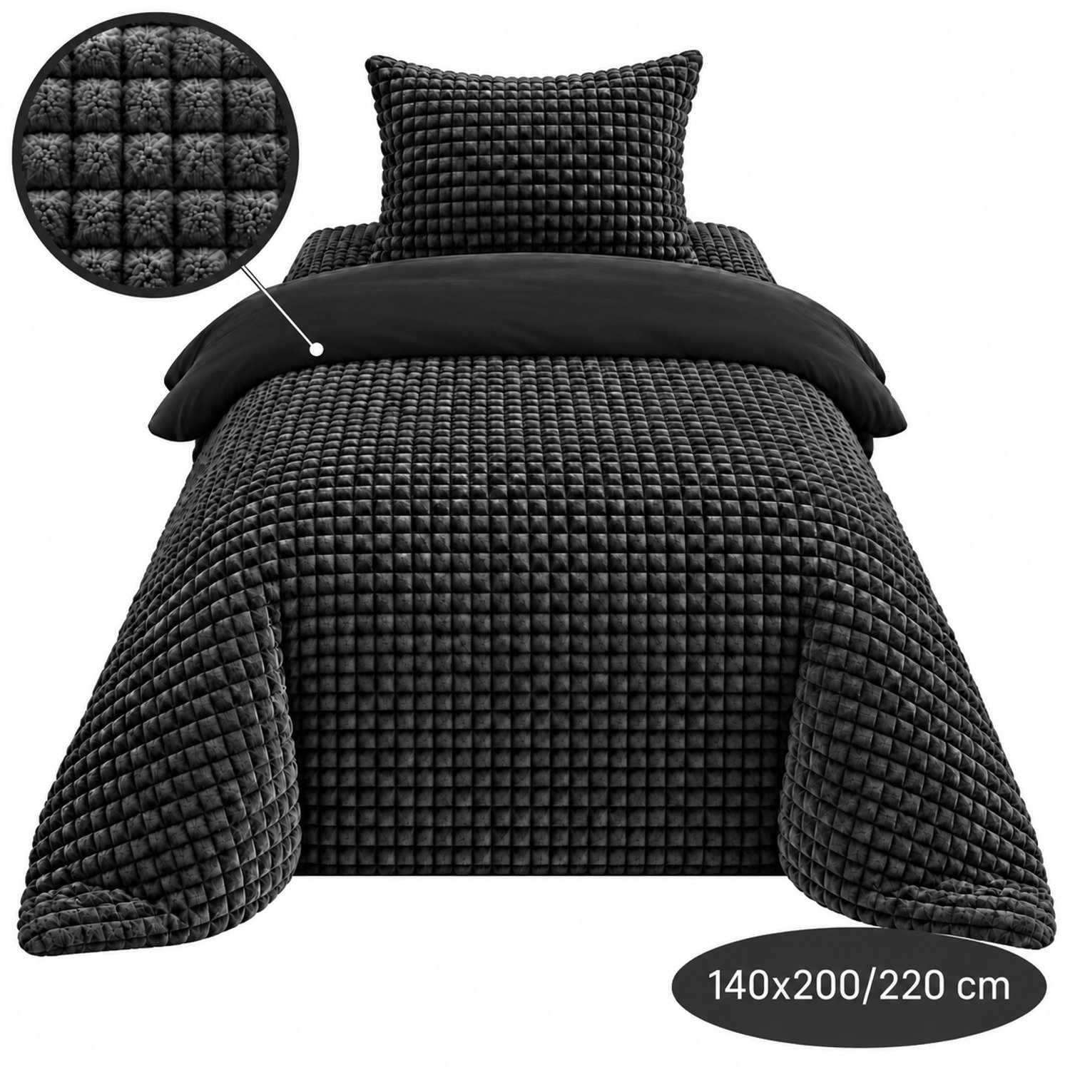 Roden Blue - Popcorn fleece dekbedovertrek set - 140x200/220 cm - Zwart - Zacht - Anti-allergeen - Wasbaar