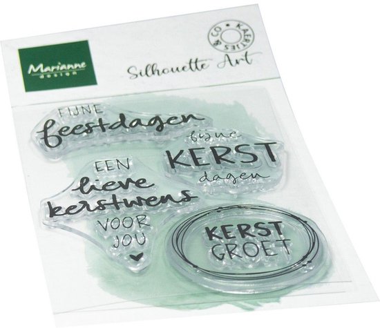 Transparante siliconen stempelset met kerstteksten zoals 'Fijne feestdagen' en 'Een lieve kerstwens voor jou'.