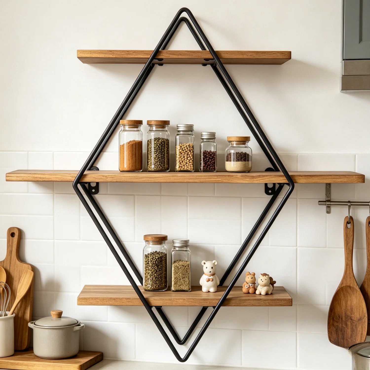 LabelOne Wandplank - Wandrek - Opbergrek - 3 opbergniveaus - zwevend - metalen frame - industrieel - wandmontage - hout/zwart
