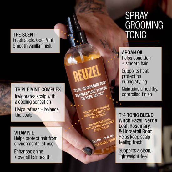 Hand houdt een fles Reuzel Spray Grooming Tonic met details over ingrediënten en geur.