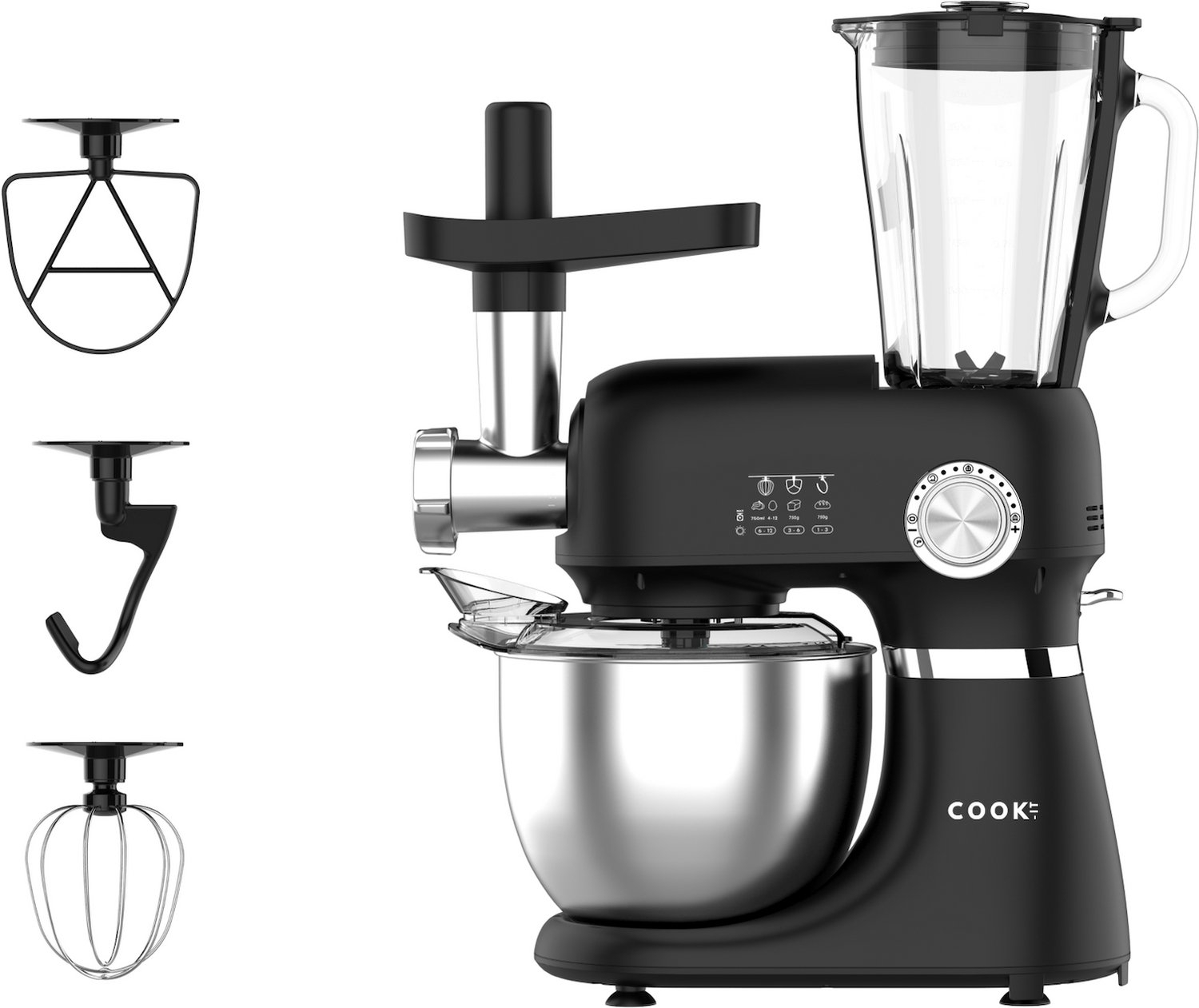 COOK-IT Keukenmachine 3-in-1 – Keukenrobot met Vleesmolen en Blender – 1300W – 5L RVS Mengkom – 1,75L Glazen Blenderkan – 12 Snelheden – Keukenmixer – Zwart